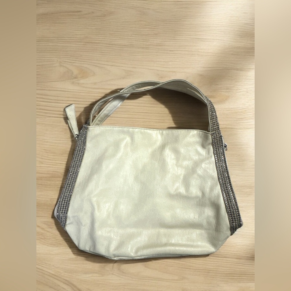 A.V.V Japan Faux Leather Beige Metal Studded Bag Sparkly Glam Hobo Handbag